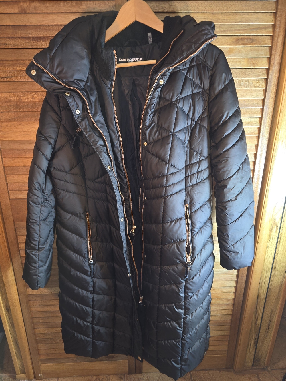 Karl Lagerfeld Black Quilted Hooded Long Puffer Coat